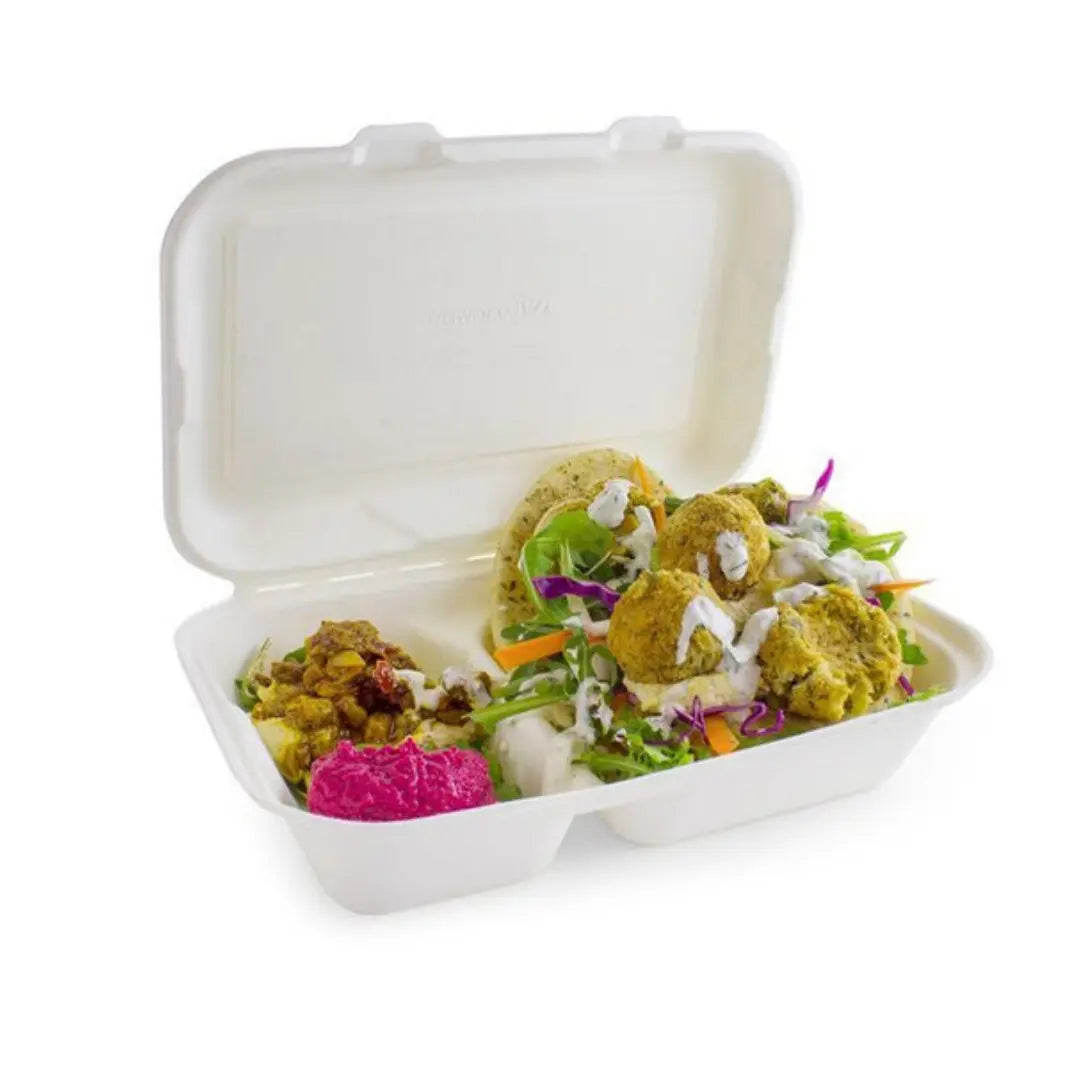 9 x 6″ Bagasse 2 Compartment Lunch Box Yelai EcoTact