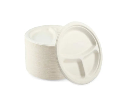 Eco friendly 10″ 3 COMPARTMENT BAGASSE PLATES Yelai EcoTact