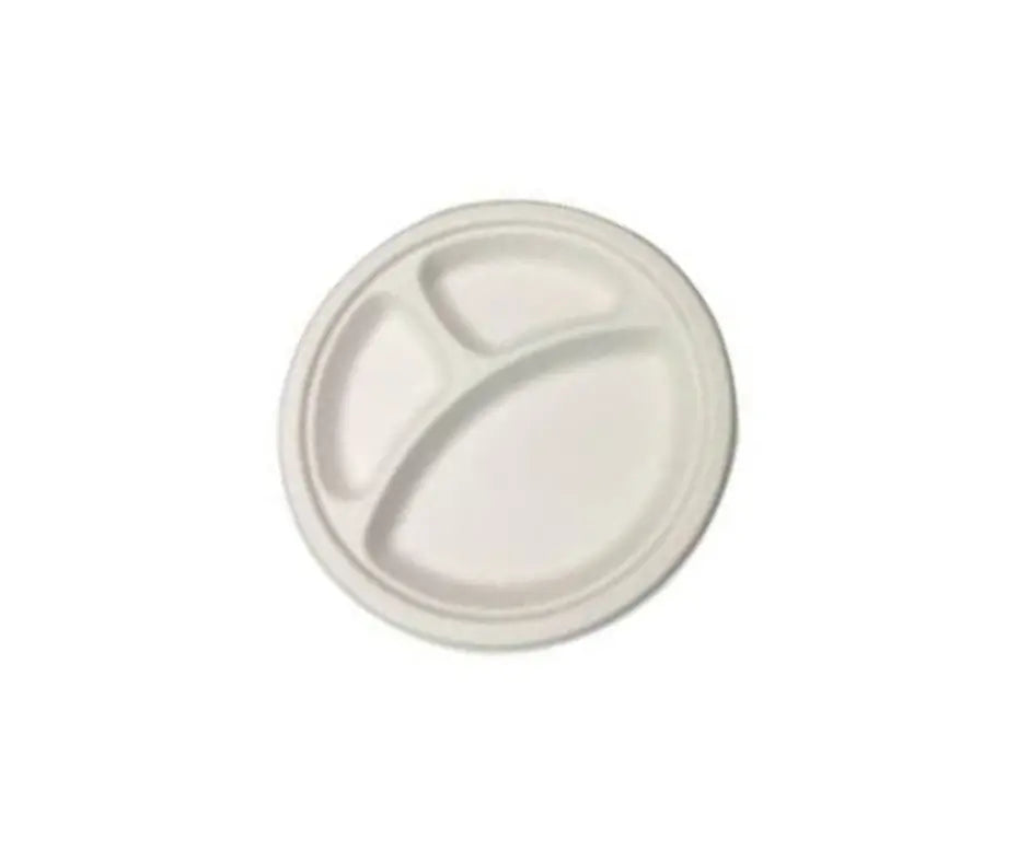 Eco friendly 10″ 3 COMPARTMENT BAGASSE PLATES Yelai EcoTact