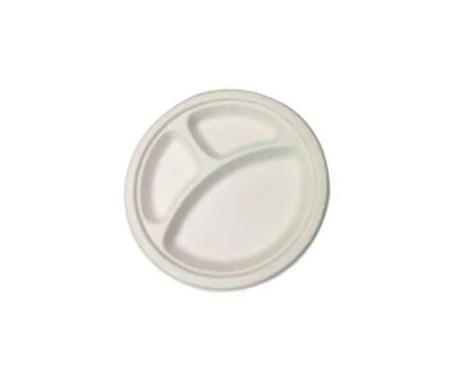 Eco friendly 10″ 3 COMPARTMENT BAGASSE PLATES Yelai EcoTact