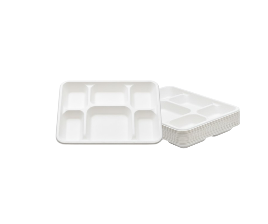 Large 6 Compartment Deep Bagasse Plates | Disposable Compostable Food Trays Eco Tabelware