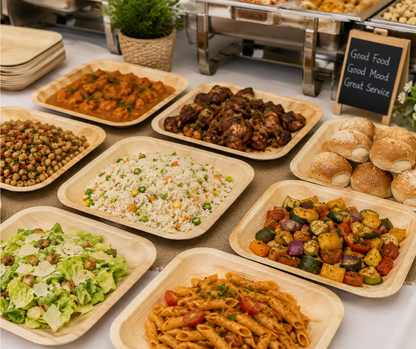 Premium palm leaf square plates displayed on a catering buffet with pasta, rice, salads, roasted vegetables, curry, chicken, and bread rolls, showcasing eco-friendly disposable tableware for weddings, events, restaurants, and catering in the UK.