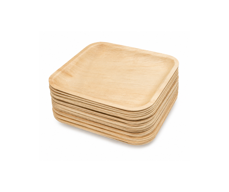 Stack of 10-inch compostable palm leaf square plates showcasing their natural texture, sturdy construction, and eco-friendly design for catering, restaurants, weddings, parties, and events across the UK.