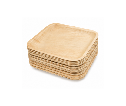 Stack of 10-inch compostable palm leaf square plates showcasing their natural texture, sturdy construction, and eco-friendly design for catering, restaurants, weddings, parties, and events across the UK.