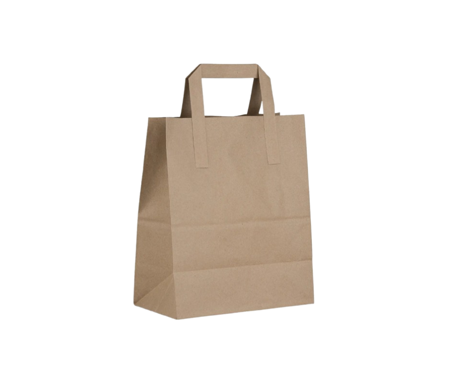 A medium-sized, flat-handled, brown paper shopping bag.